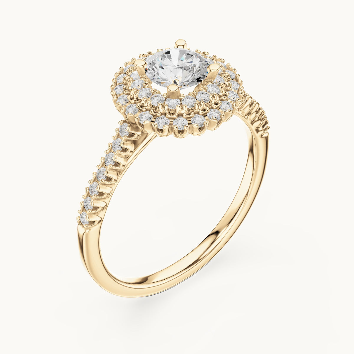 Round lab-grown diamond petite double halo engagement ring in yellow gold, 1.02 CT TW, view 2