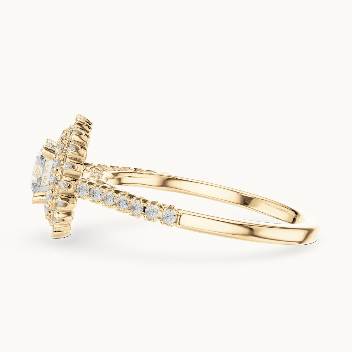 Round lab-grown diamond petite double halo engagement ring in yellow gold, 1.02 CT TW, view 3