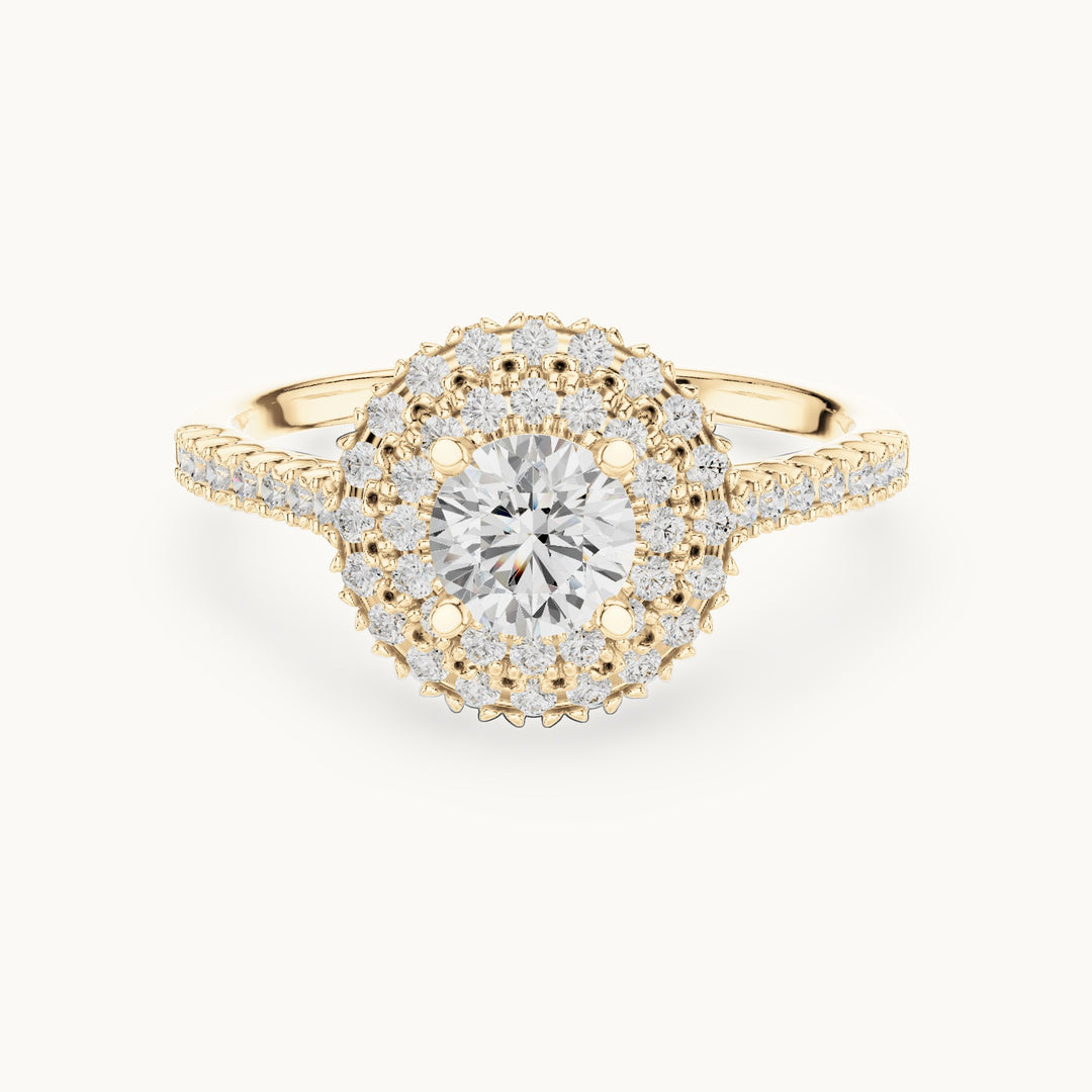 Round lab-grown diamond petite double halo engagement ring in yellow gold, 1.02 CT TW, view 4