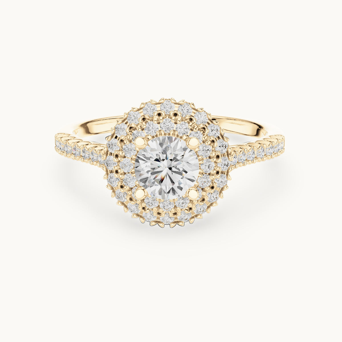 Round lab-grown diamond petite double halo engagement ring in yellow gold, 1.02 CT TW, view 4