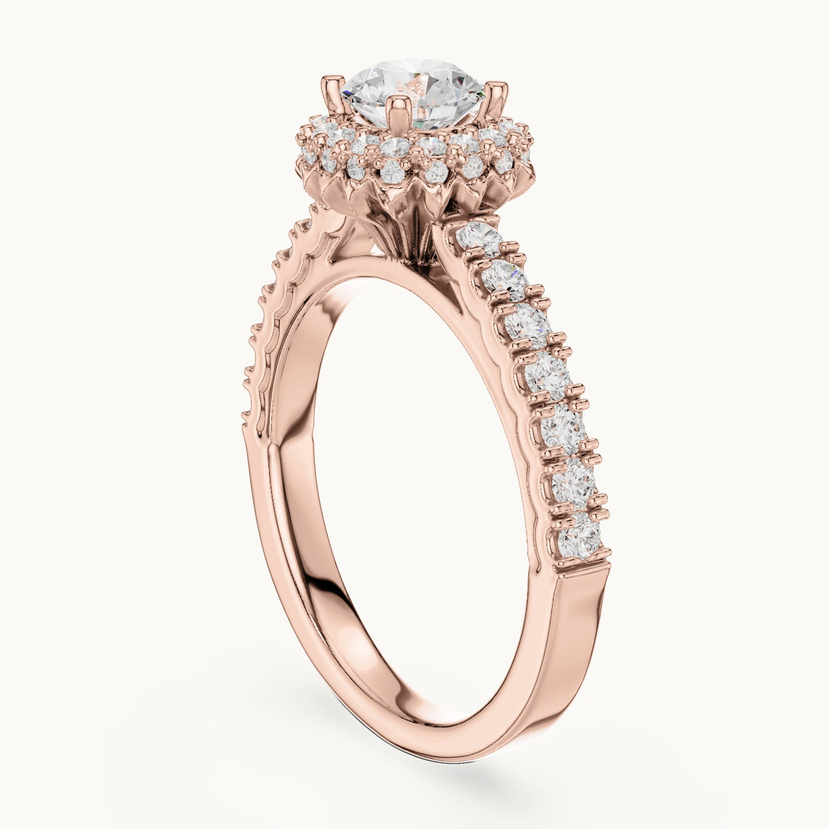 Round lab-grown diamond halo engagement ring with side stones in rose gold, 1.41 CT TW, view 1