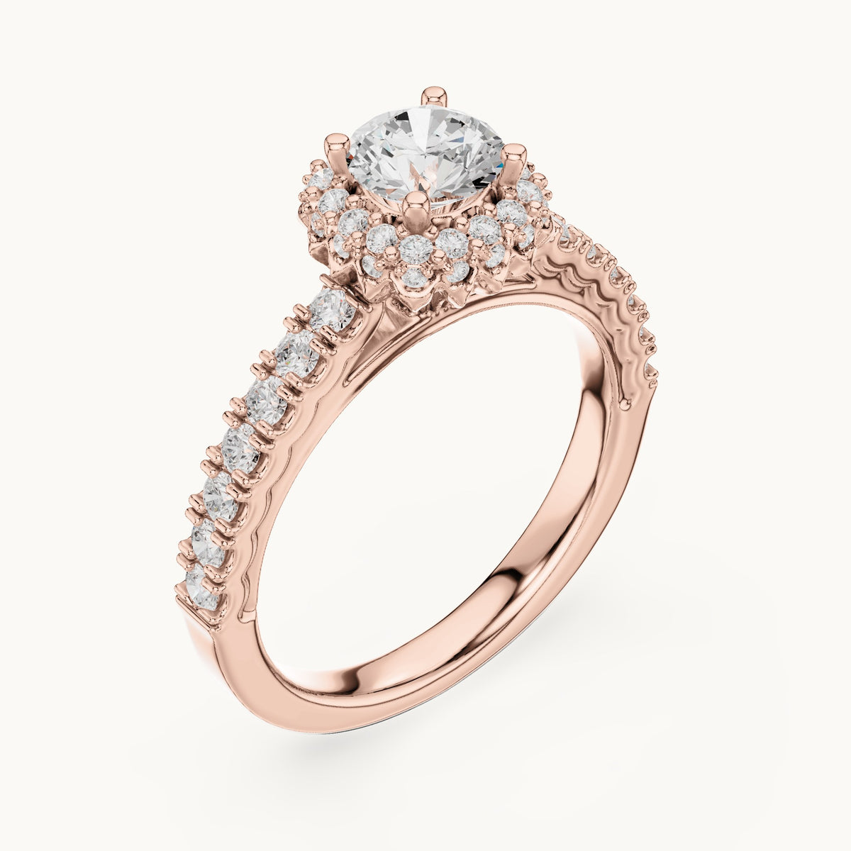 Round lab-grown diamond halo engagement ring with side stones in rose gold, 1.41 CT TW, view 2