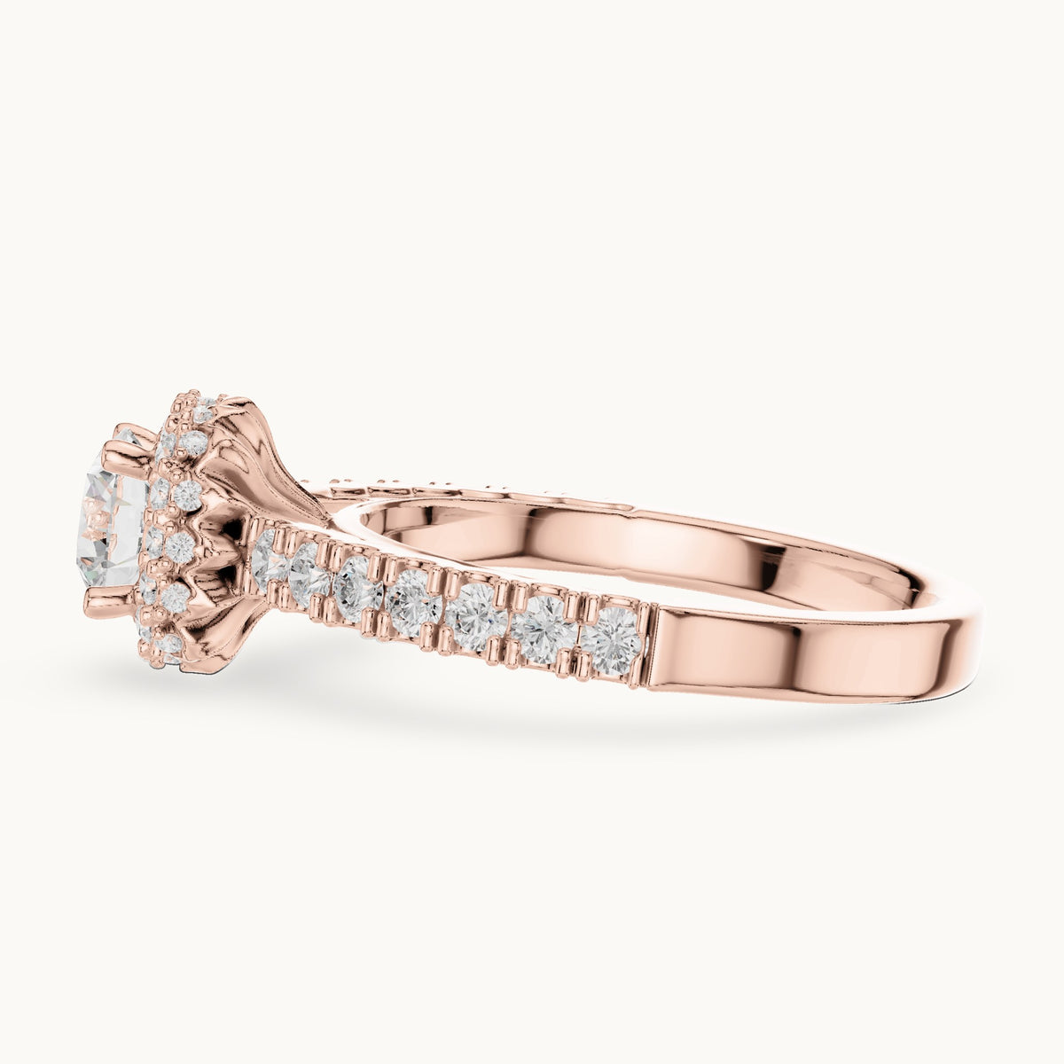 Round lab-grown diamond halo engagement ring with side stones in rose gold, 1.41 CT TW, view 3
