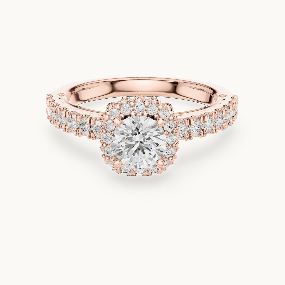 Round lab-grown diamond halo engagement ring with side stones in rose gold, 1.41 CT TW, view 4
