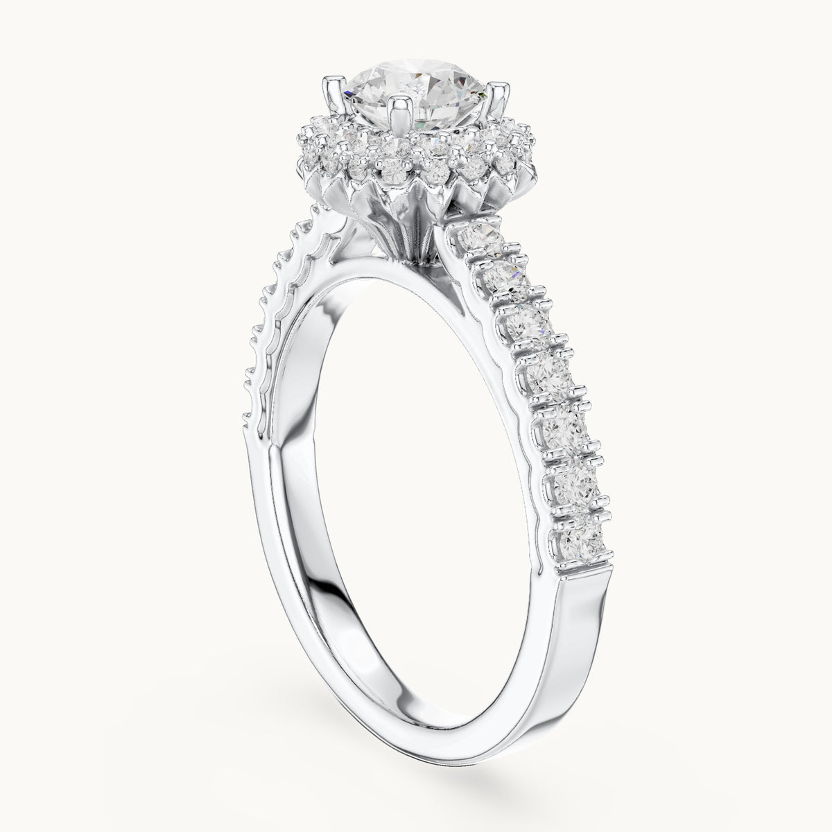 Round lab-grown diamond halo engagement ring with side stones in white gold, 1.41 CT TW, view 1