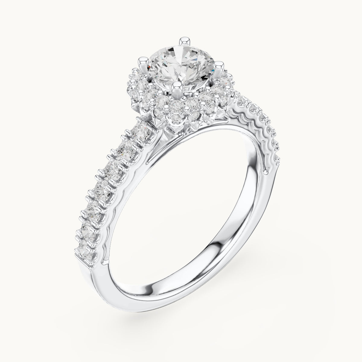 Round lab-grown diamond halo engagement ring with side stones in white gold, 1.41 CT TW, view 2