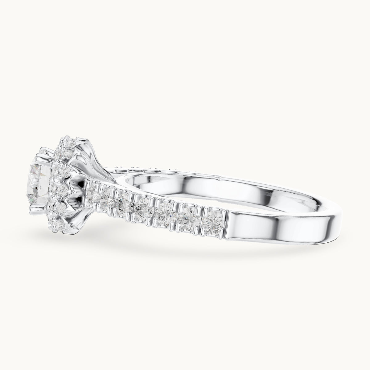 Round lab-grown diamond halo engagement ring with side stones in white gold, 1.41 CT TW, view 3