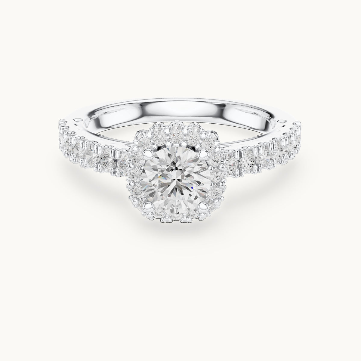 Round lab-grown diamond halo engagement ring with side stones in white gold, 1.41 CT TW, view 4