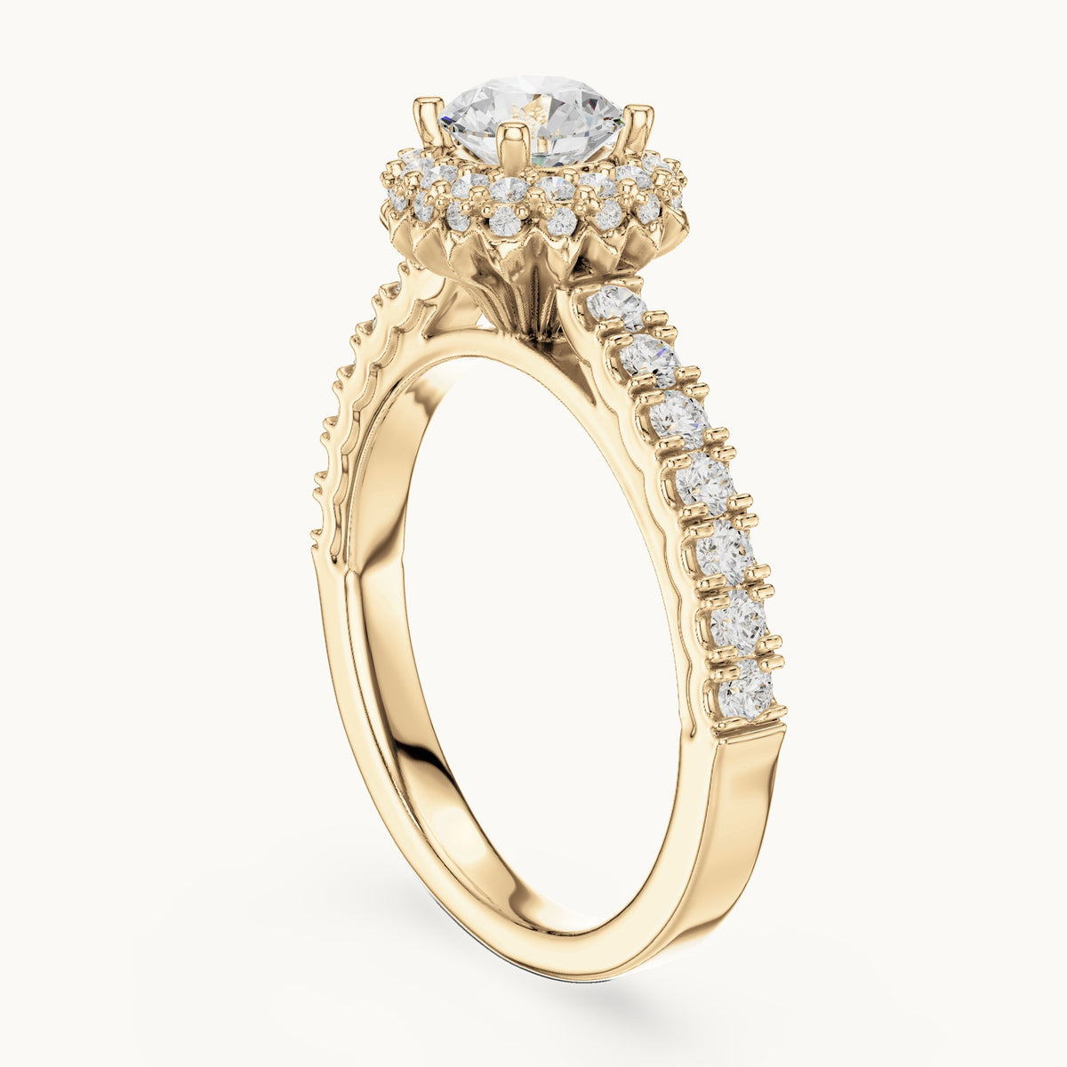 Round lab-grown diamond halo engagement ring with side stones in yellow gold, 1.41 CT TW, view 1