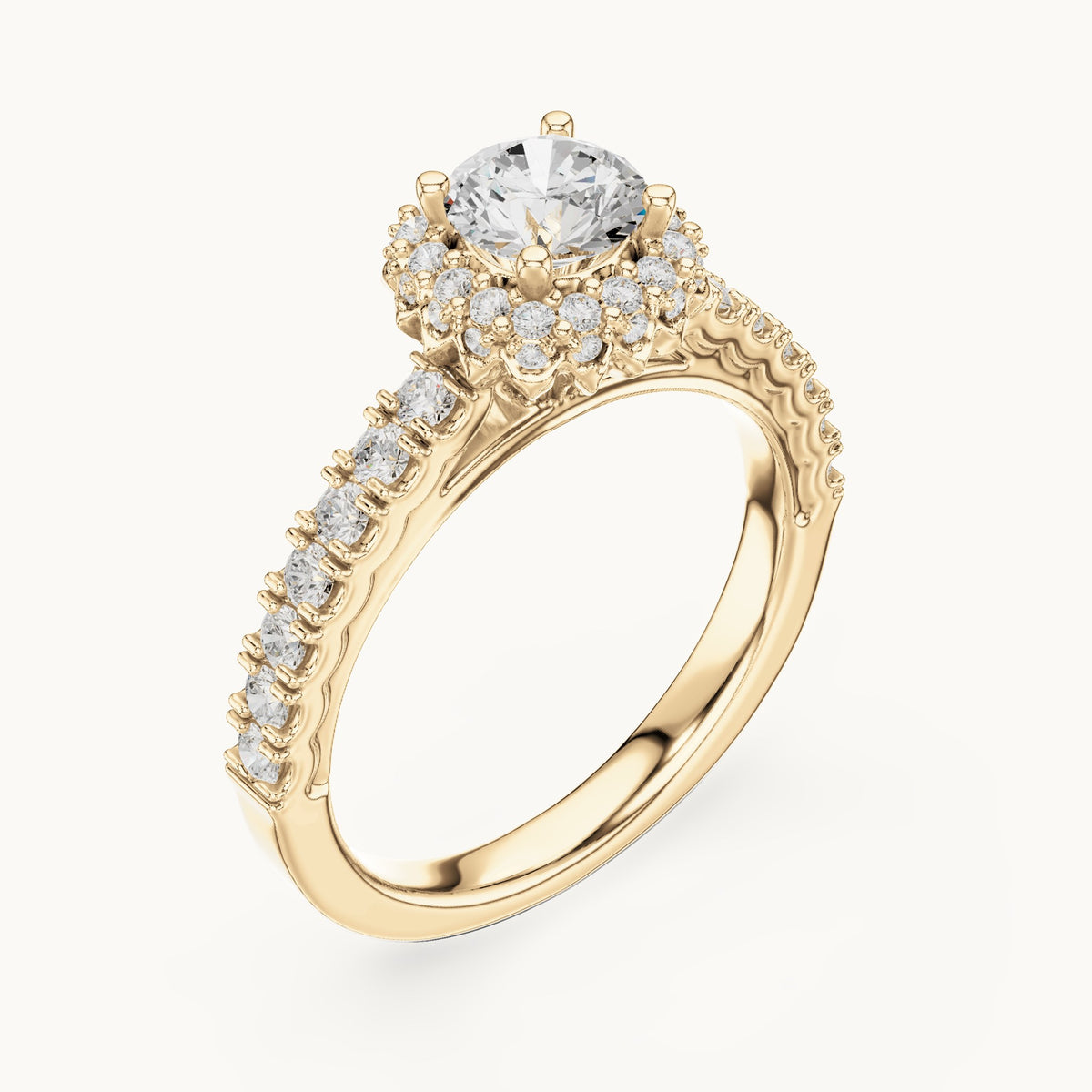 Round lab-grown diamond halo engagement ring with side stones in yellow gold, 1.41 CT TW, view 2