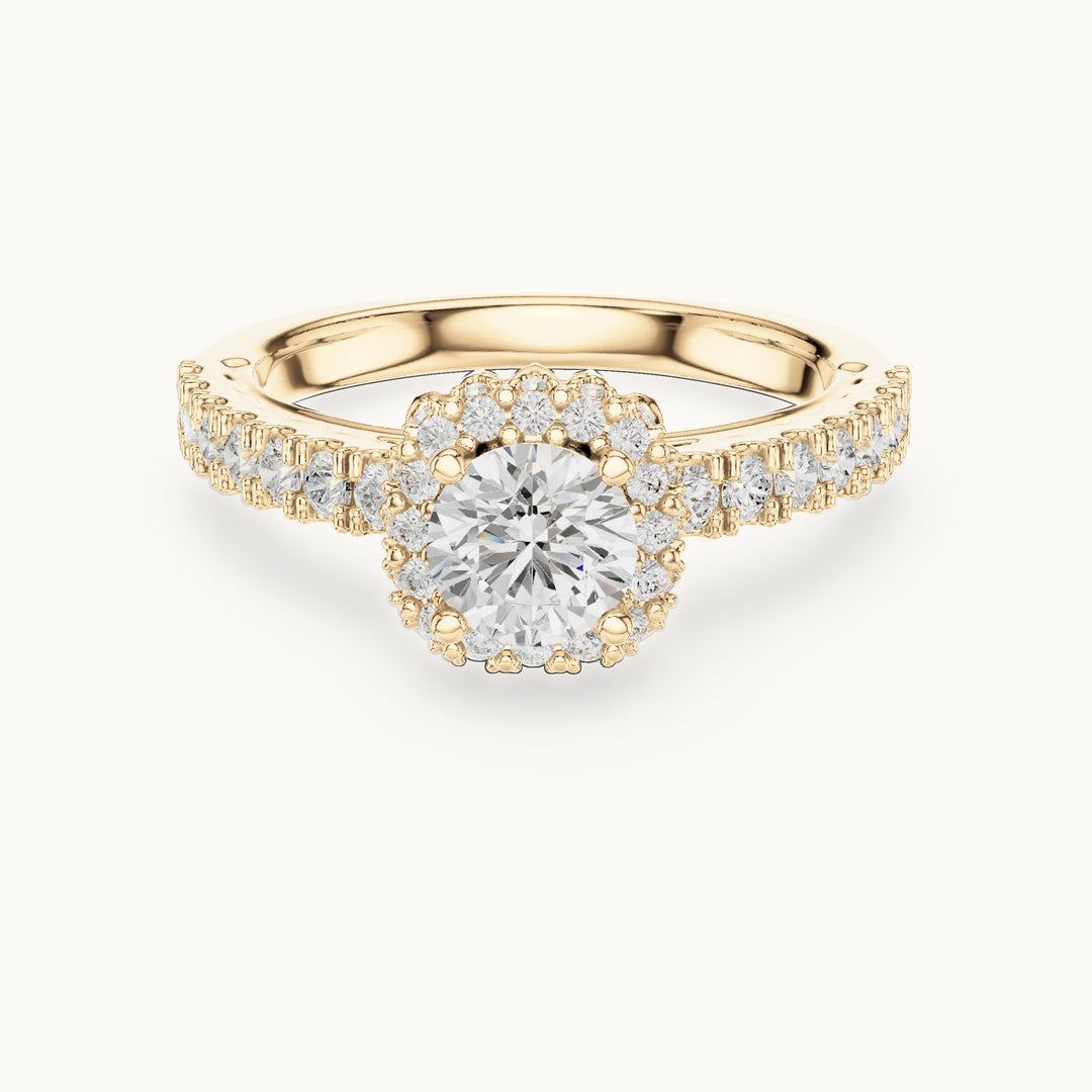 Round lab-grown diamond halo engagement ring with side stones in yellow gold, 1.41 CT TW, view 4