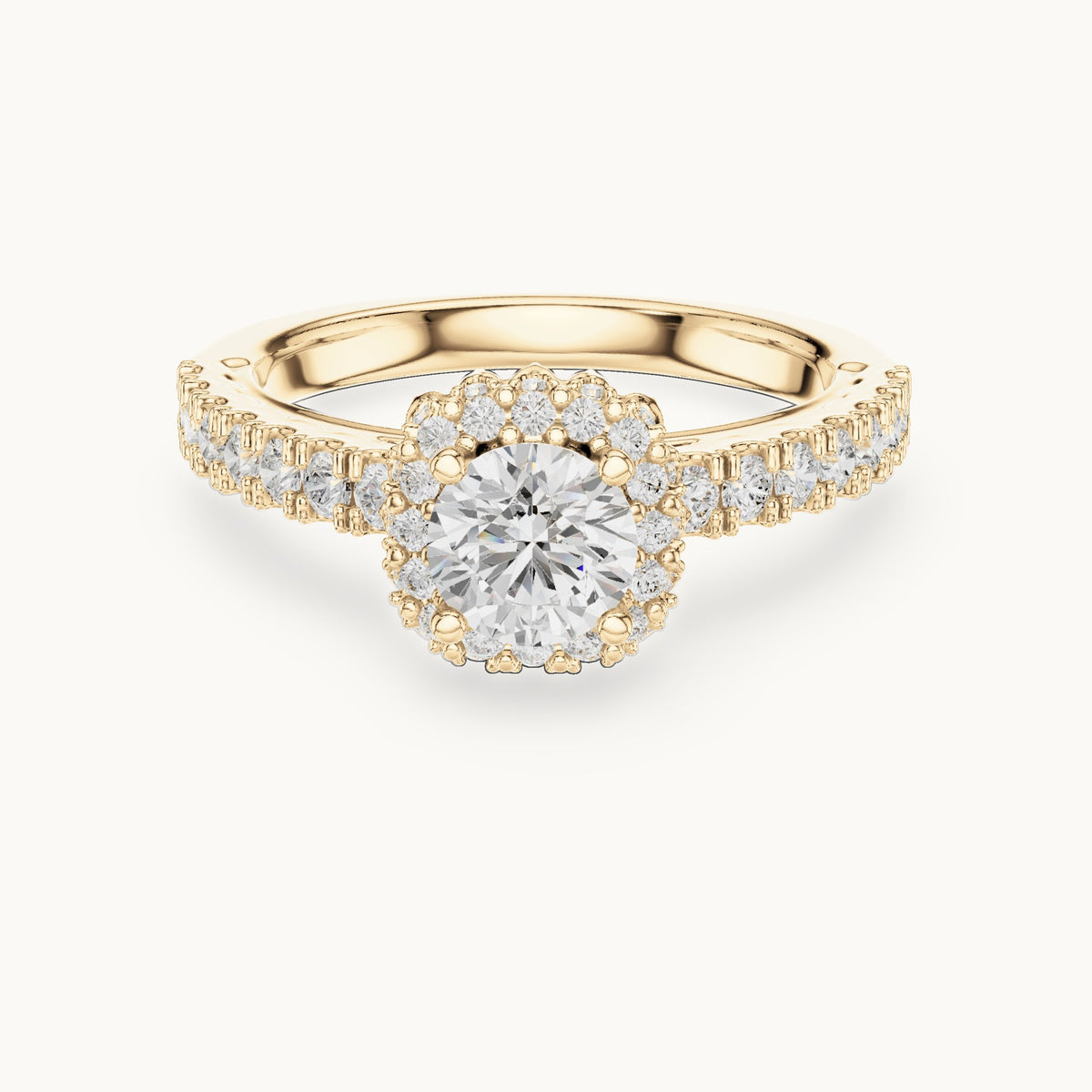 Round lab-grown diamond halo engagement ring with side stones in yellow gold, 1.41 CT TW, view 4