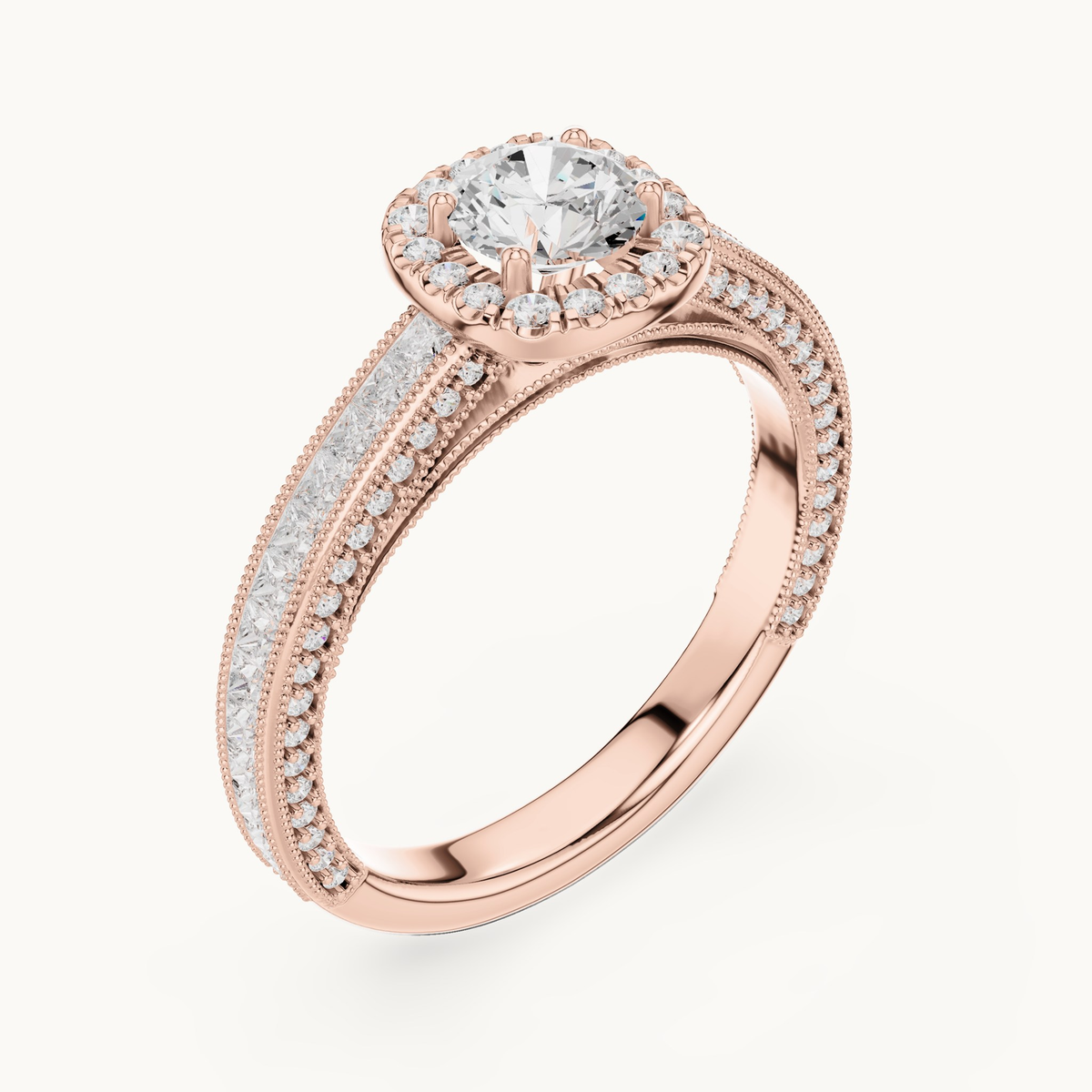 Round lab-grown diamond halo engagement ring with princess accents in 14K rose gold, 1.56 CT TW, view 2