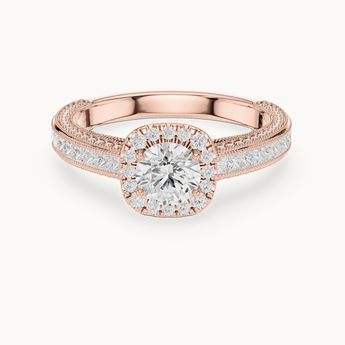 Round lab-grown diamond halo engagement ring with princess accents in 14K rose gold, 1.56 CT TW, view 4