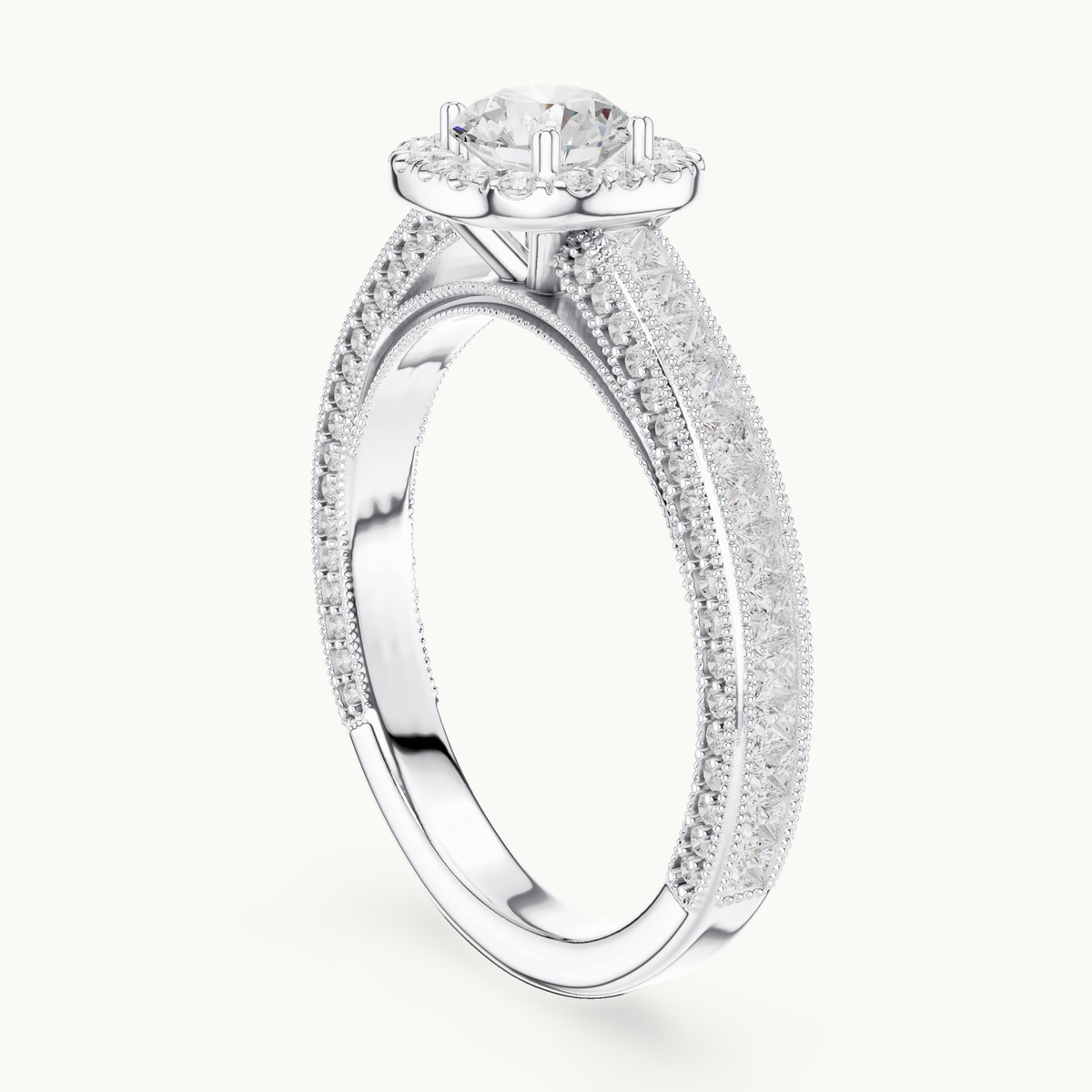 Round lab-grown diamond halo engagement ring with princess accents in 14K white gold, 1.56 CT TW, view 1