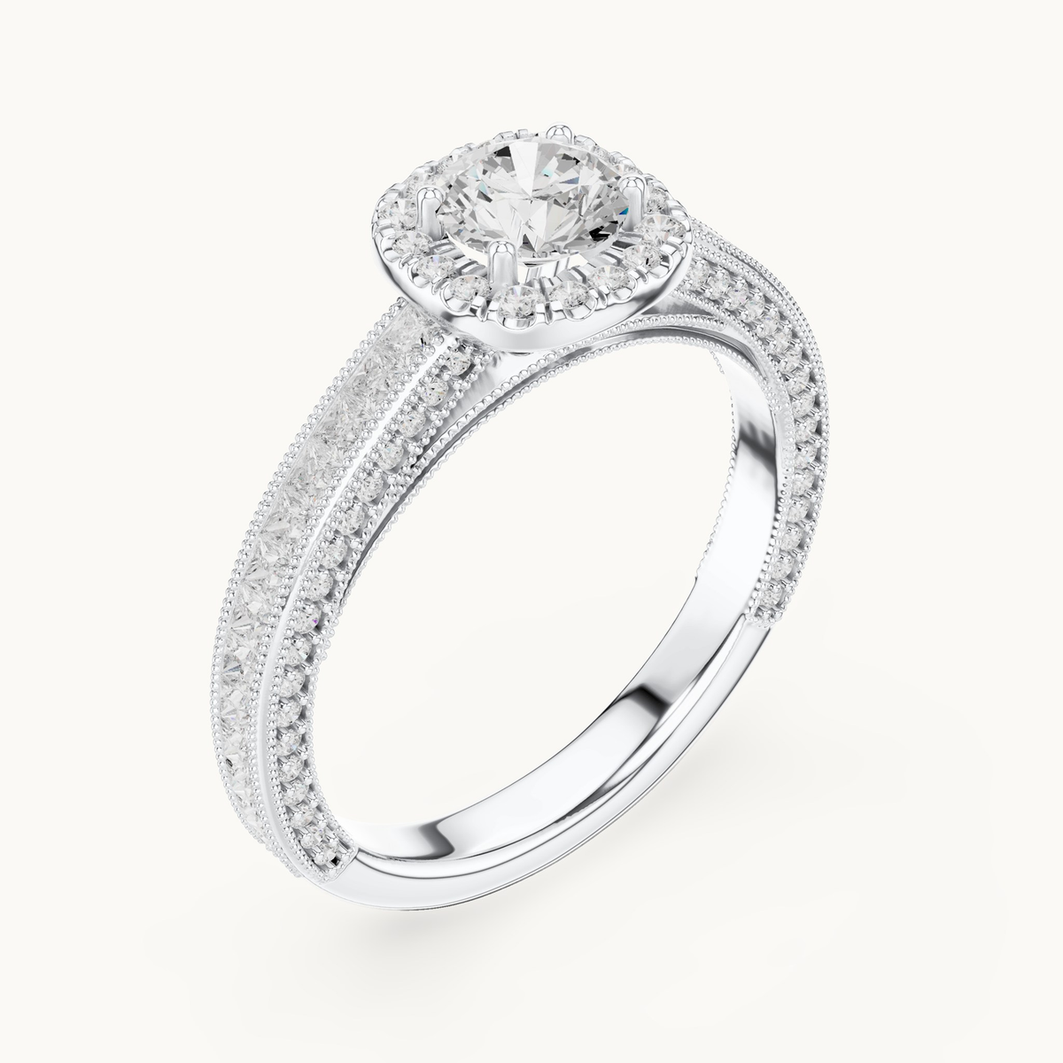 Round lab-grown diamond halo engagement ring with princess accents in 14K white gold, 1.56 CT TW, view 2