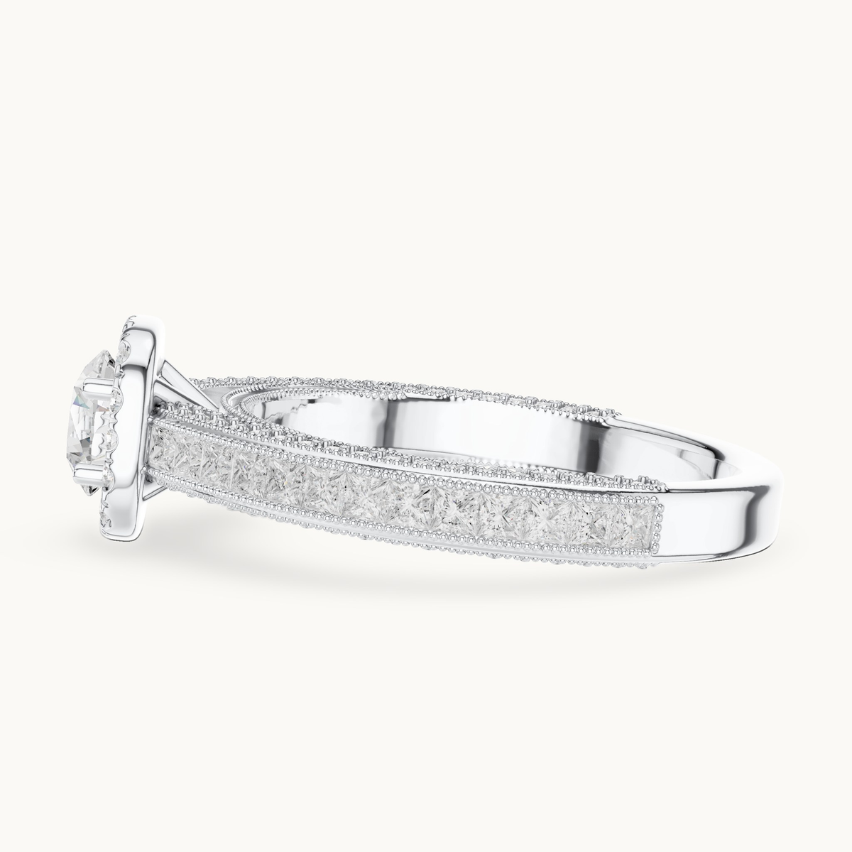 Round lab-grown diamond halo engagement ring with princess accents in 14K white gold, 1.56 CT TW, view 3