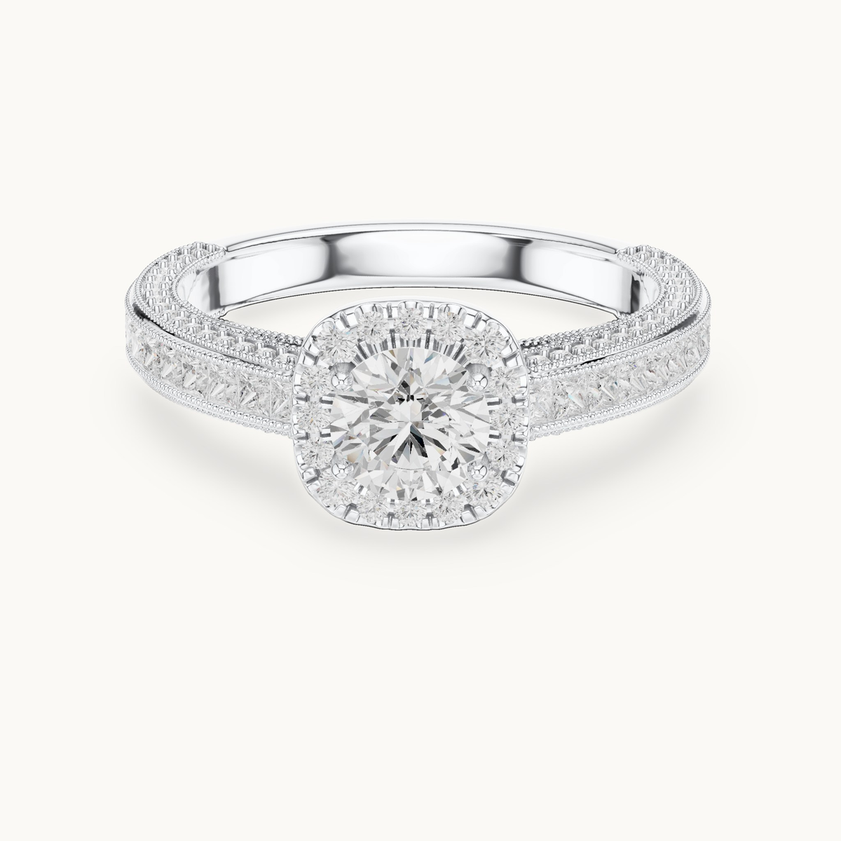 Round lab-grown diamond halo engagement ring with princess accents in 14K white gold, 1.56 CT TW, view 4