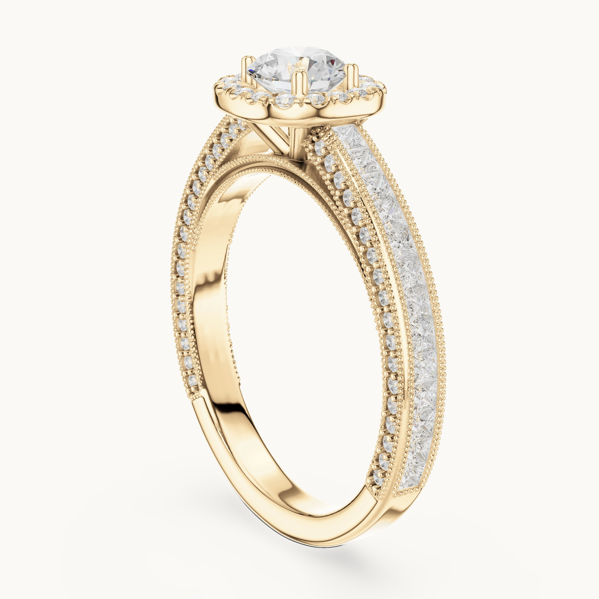 Round lab-grown diamond halo engagement ring with princess accents in 14K yellow gold, 1.56 CT TW, view 1
