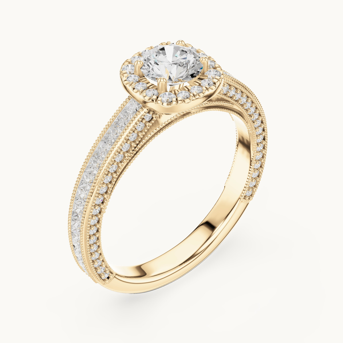 Round lab-grown diamond halo engagement ring with princess accents in 14K yellow gold, 1.56 CT TW, view 2