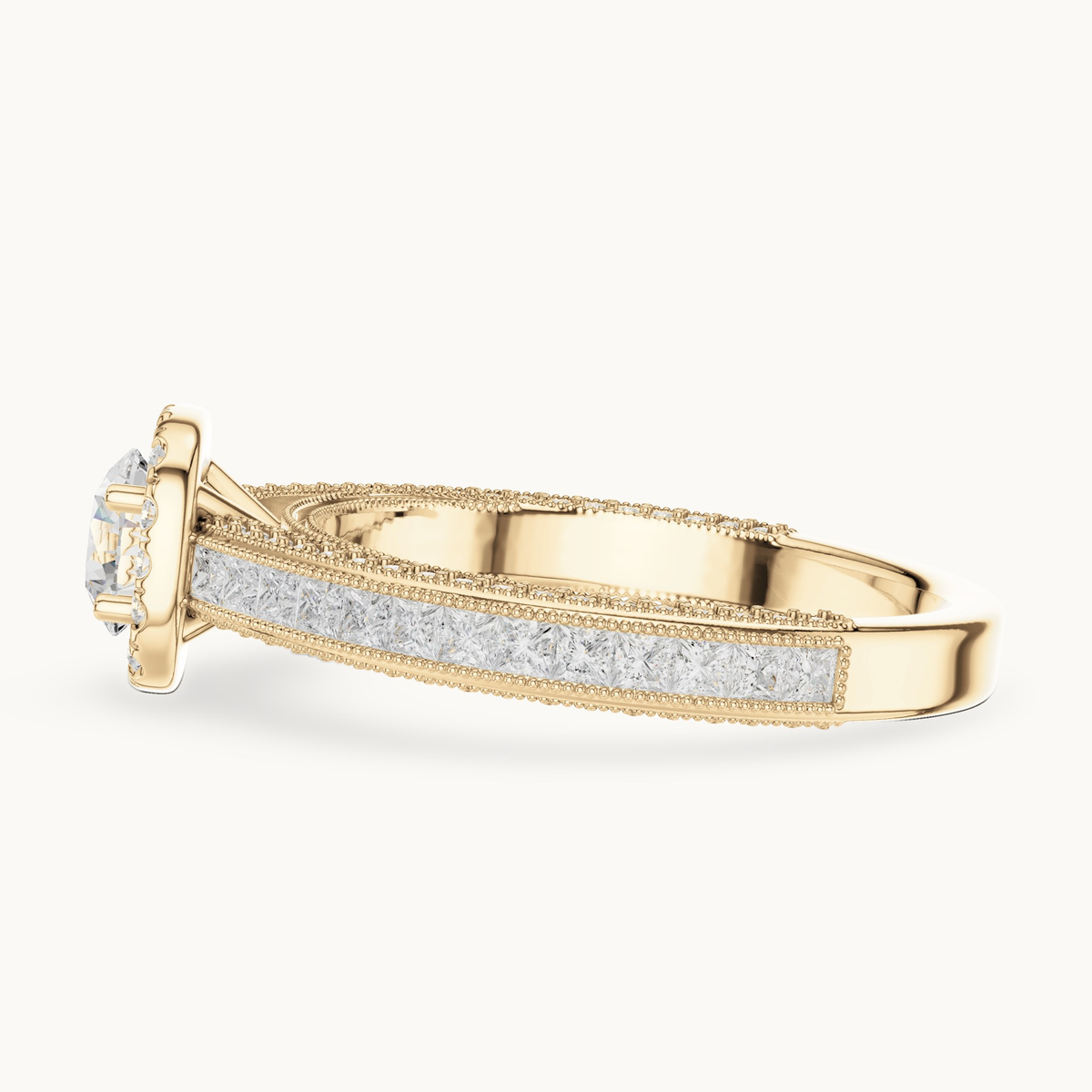 Round lab-grown diamond halo engagement ring with princess accents in 14K yellow gold, 1.56 CT TW, view 3