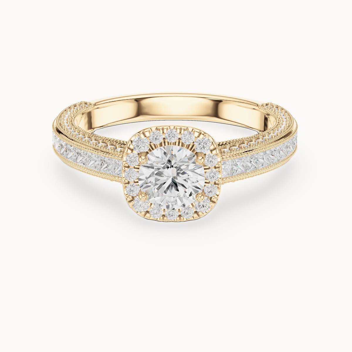 Round lab-grown diamond halo engagement ring with princess accents in 14K yellow gold, 1.56 CT TW, view 4