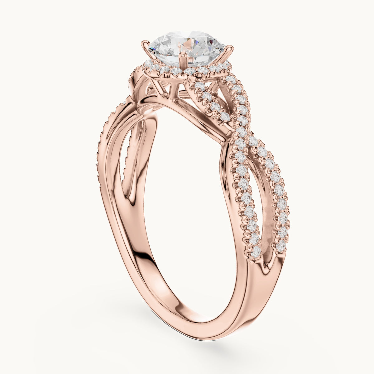 Round lab-grown diamond crossover halo engagement ring in rose gold, 1.22 CT TW, view 1