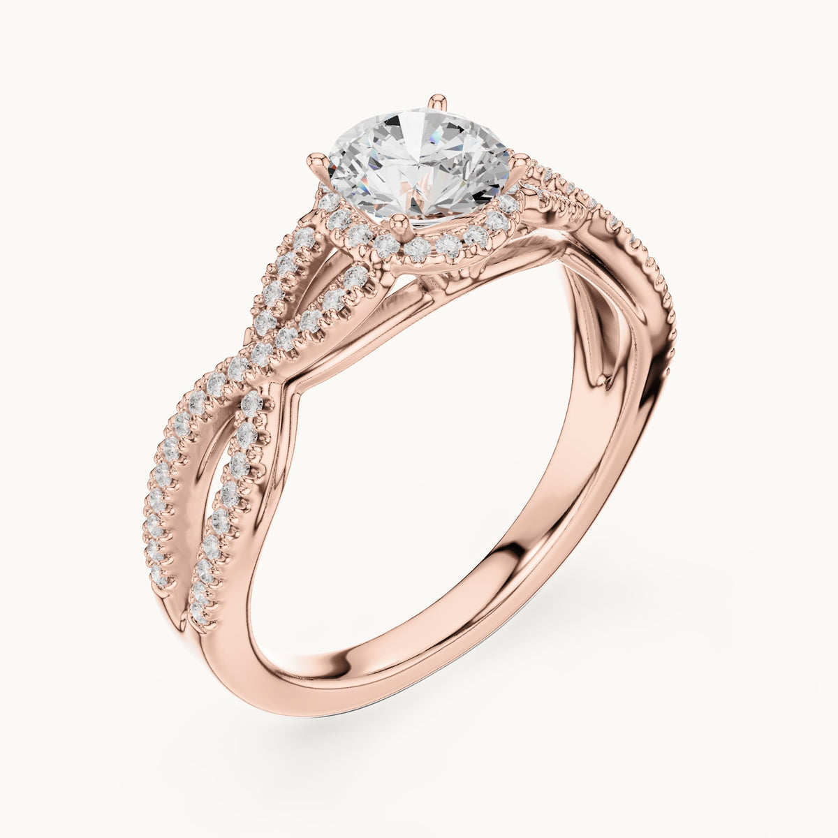Round lab-grown diamond crossover halo engagement ring in rose gold, 1.22 CT TW, view 2