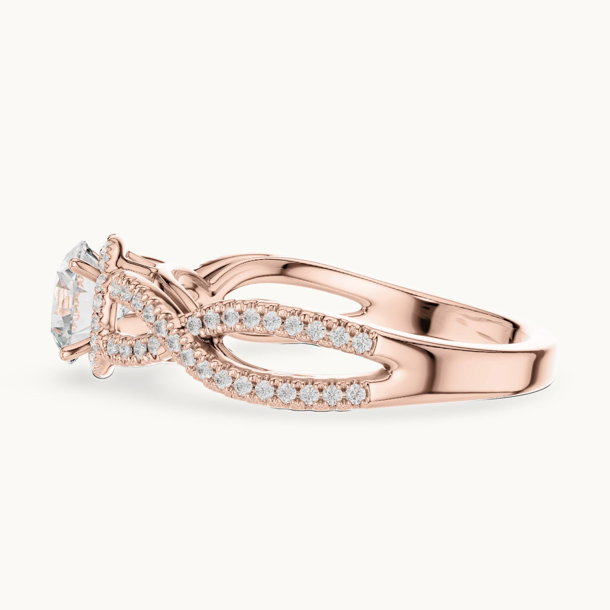Round lab-grown diamond crossover halo engagement ring in rose gold, 1.22 CT TW, view 3