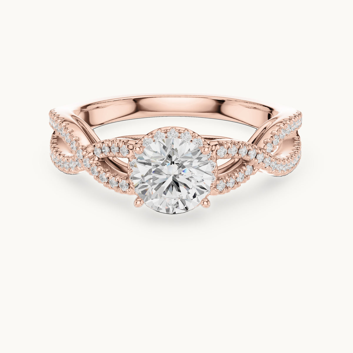 Round lab-grown diamond crossover halo engagement ring in rose gold, 1.22 CT TW, view 4