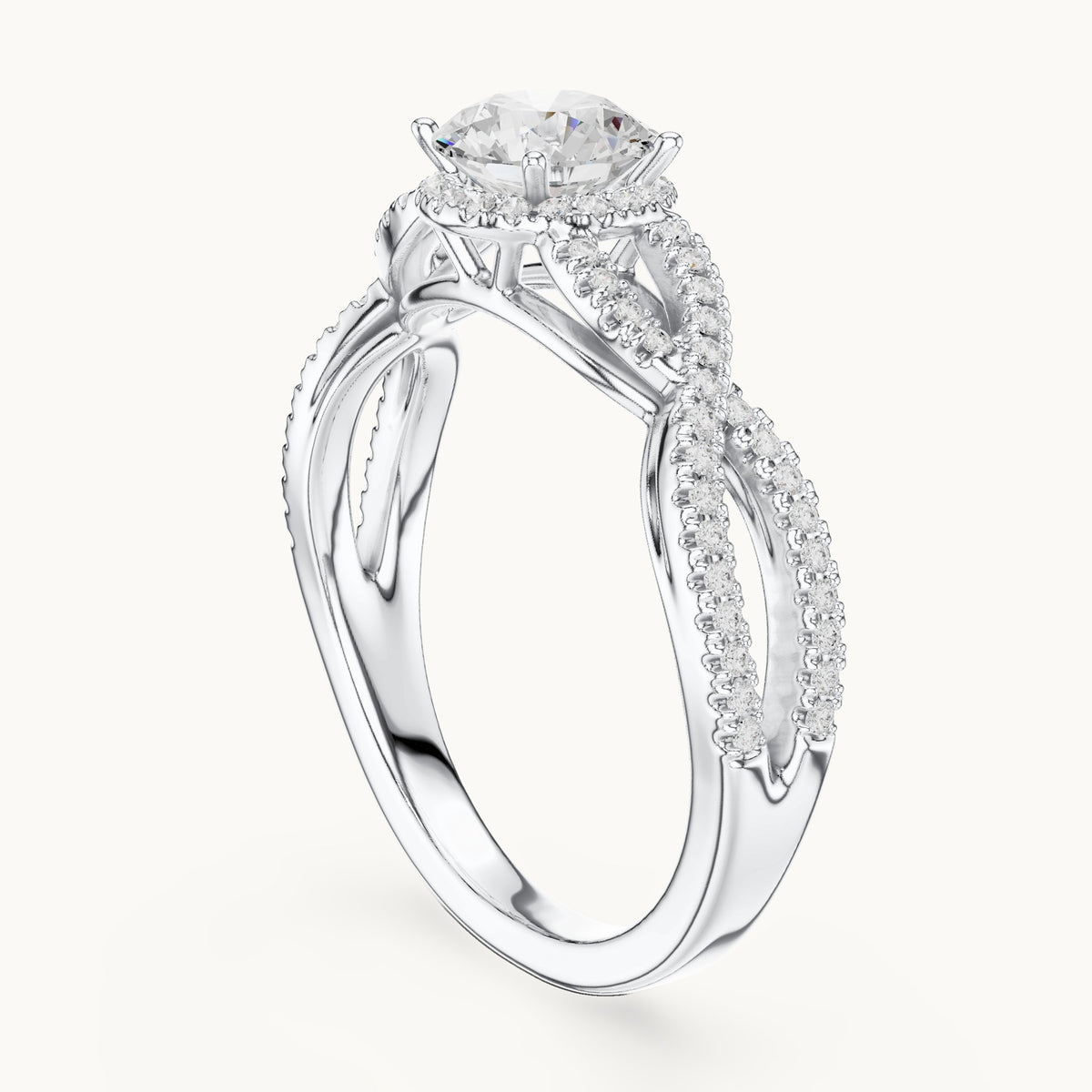 Round lab-grown diamond crossover halo engagement ring in white gold, 1.22 CT TW, view 1