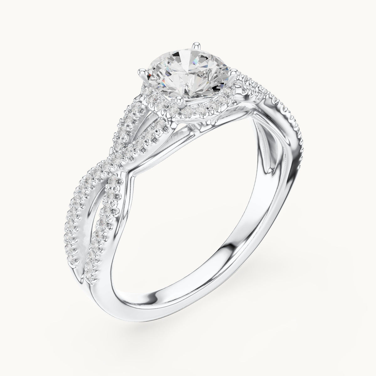 Round lab-grown diamond crossover halo engagement ring in white gold, 1.22 CT TW, view 2