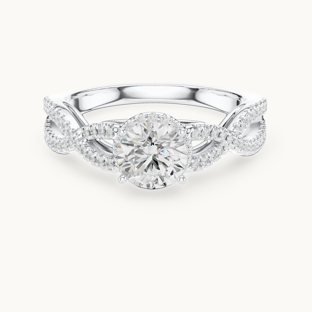 Round lab-grown diamond crossover halo engagement ring in white gold, 1.22 CT TW, view 4