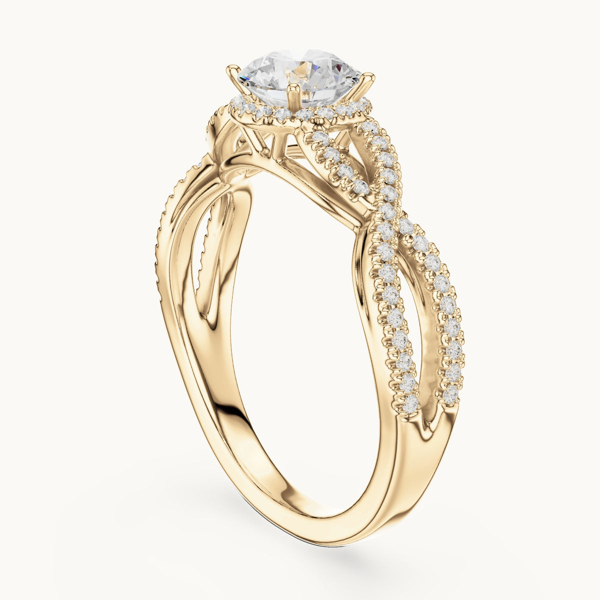 Round lab-grown diamond crossover halo engagement ring in yellow gold, 1.22 CT TW, view 1