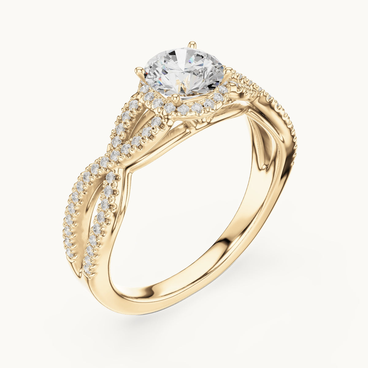 Round lab-grown diamond crossover halo engagement ring in yellow gold, 1.22 CT TW, view 2