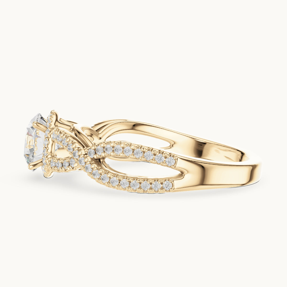 Round lab-grown diamond crossover halo engagement ring in yellow gold, 1.22 CT TW, view 3