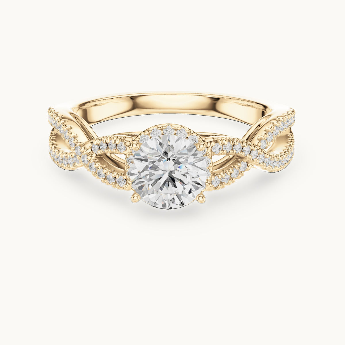 Round lab-grown diamond crossover halo engagement ring in yellow gold, 1.22 CT TW, view 4