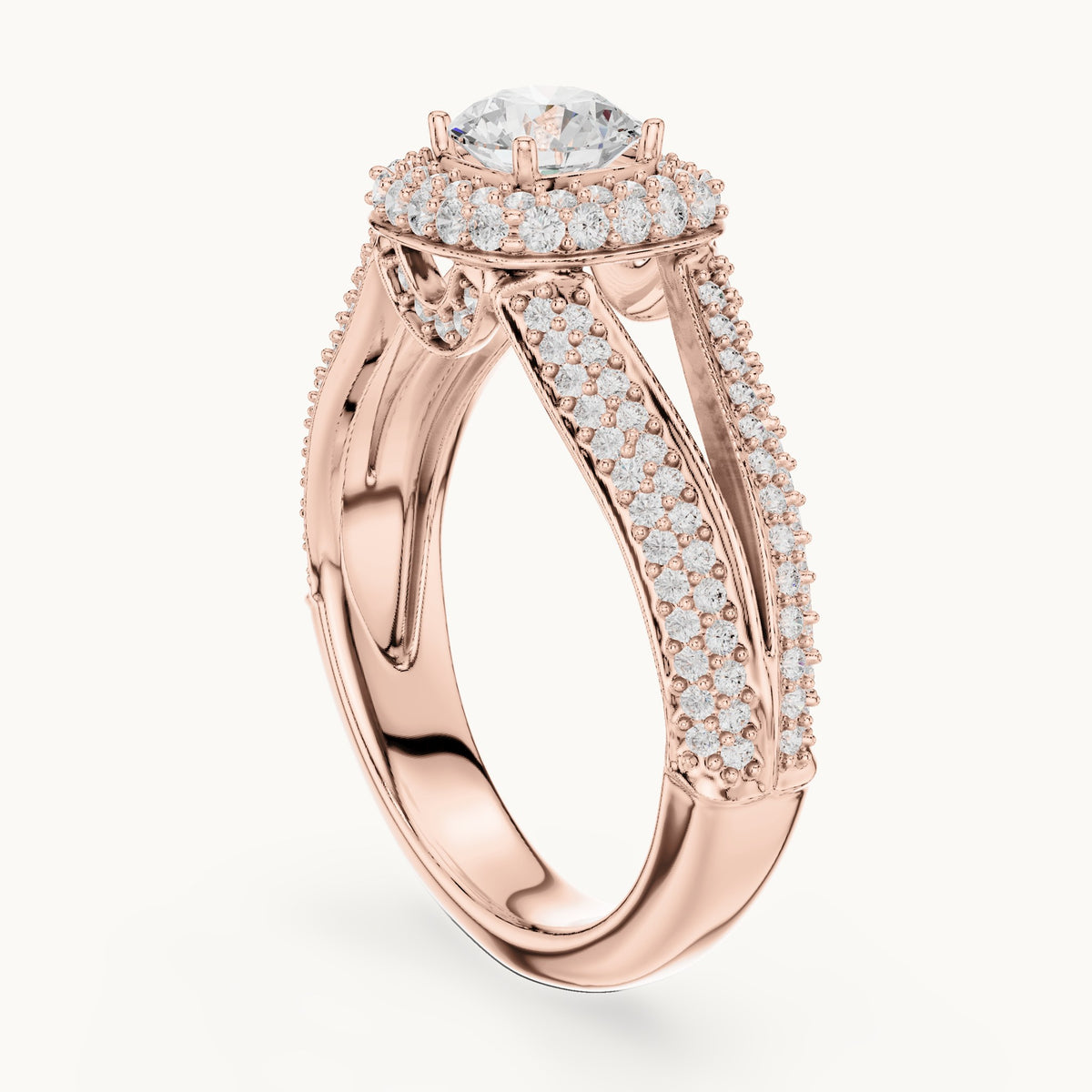 Round lab-grown diamond wide split shank halo engagement ring in rose gold, 1.64 CT TW, view 1