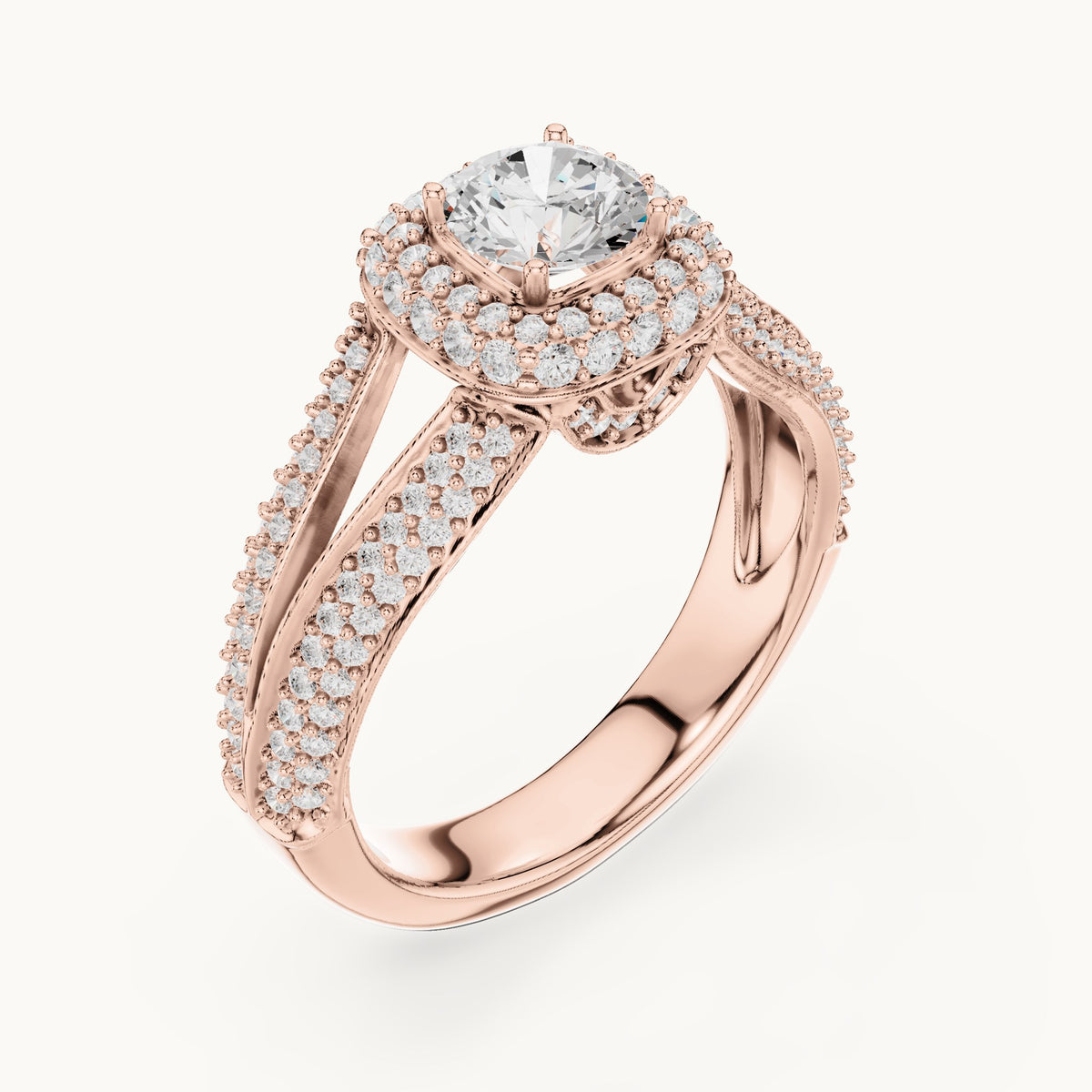 Round lab-grown diamond wide split shank halo engagement ring in rose gold, 1.64 CT TW, view 2