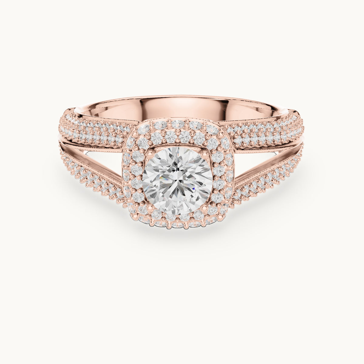 Round lab-grown diamond wide split shank halo engagement ring in rose gold, 1.64 CT TW, view 4