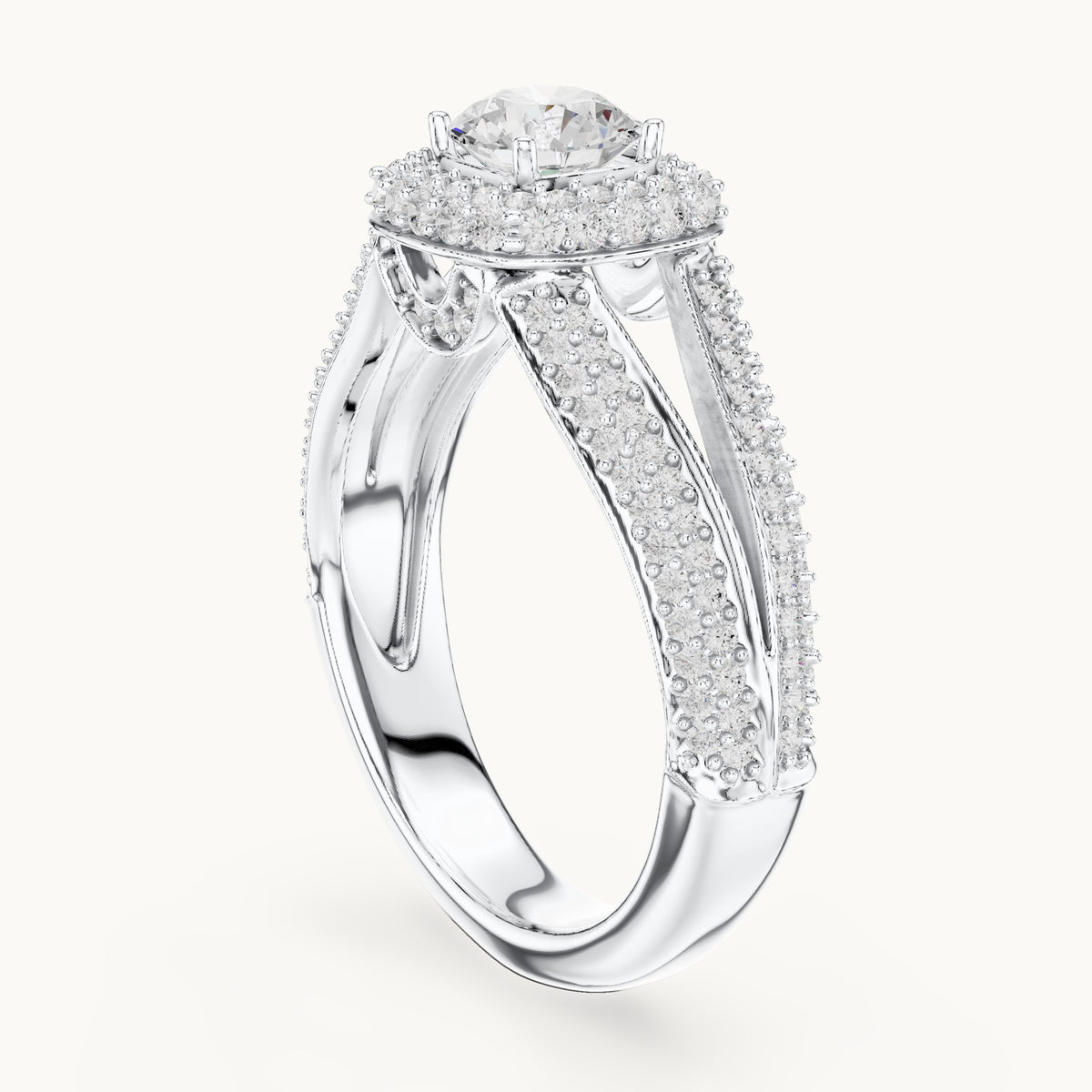 Round lab-grown diamond wide split shank halo engagement ring in white gold, 1.64 CT TW, view 1
