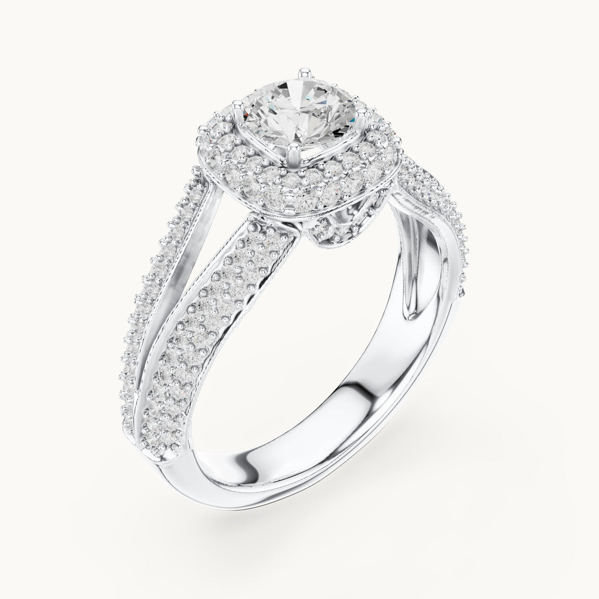 Round lab-grown diamond wide split shank halo engagement ring in white gold, 1.64 CT TW, view 2