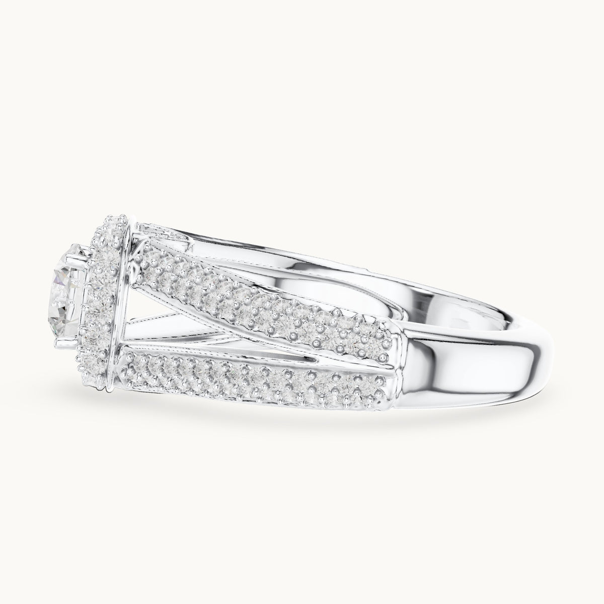 Round lab-grown diamond wide split shank halo engagement ring in white gold, 1.64 CT TW, view 3
