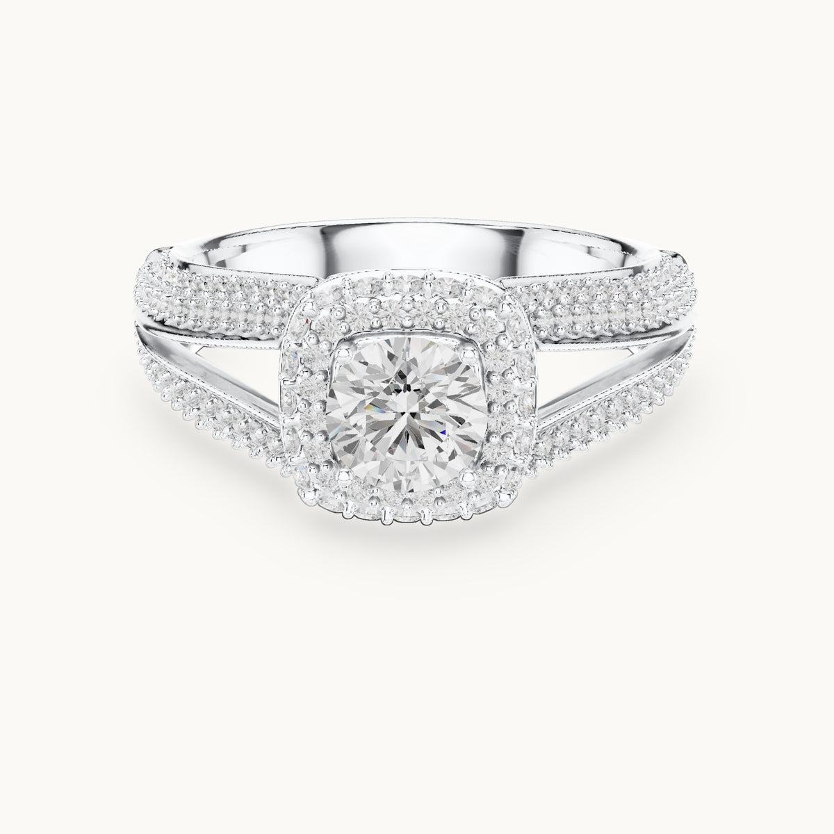Round lab-grown diamond wide split shank halo engagement ring in white gold, 1.64 CT TW, view 4
