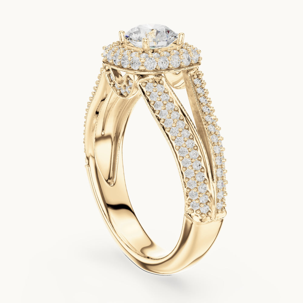 Round lab-grown diamond wide split shank halo engagement ring in yellow gold, 1.64 CT TW, view 1