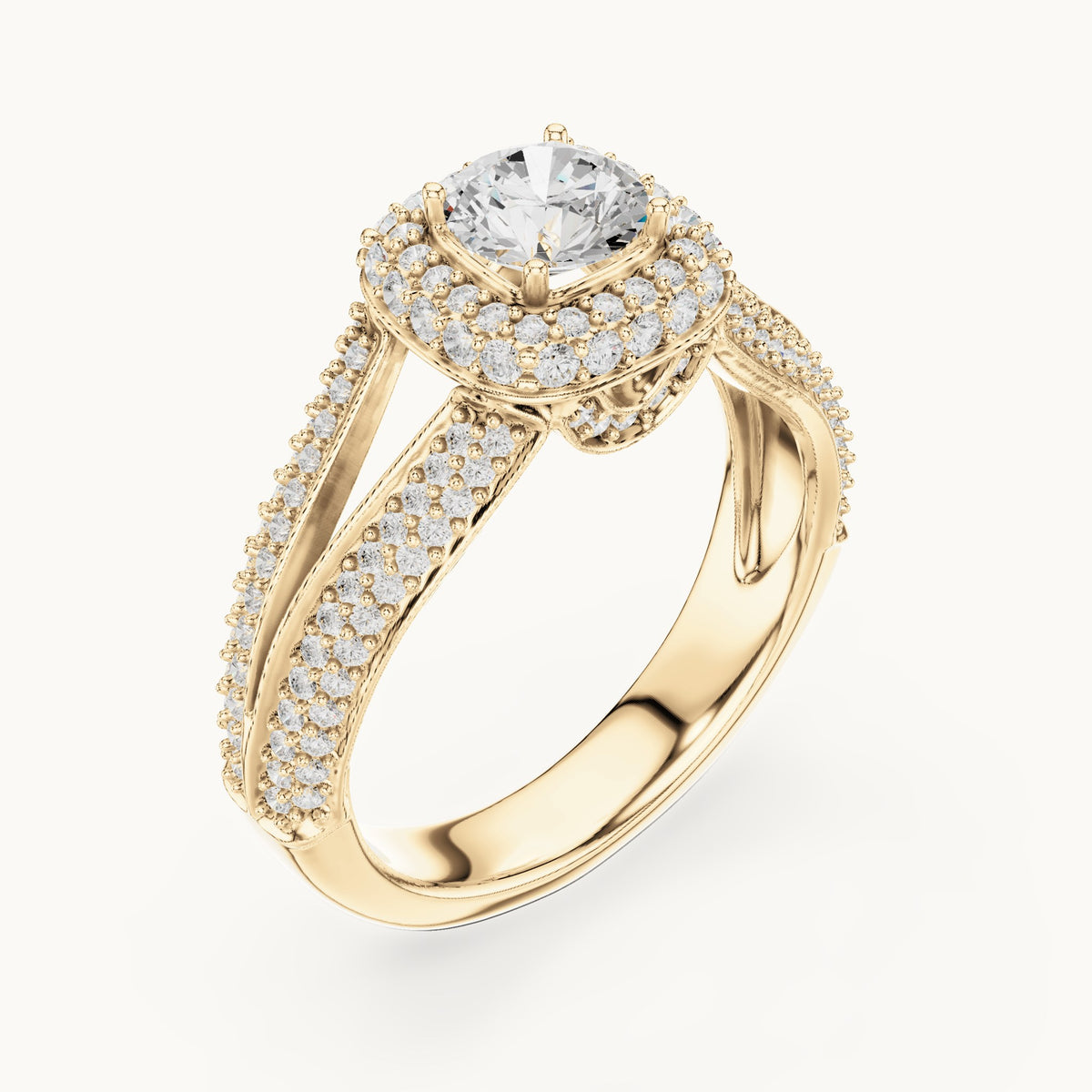 Round lab-grown diamond wide split shank halo engagement ring in yellow gold, 1.64 CT TW, view 2
