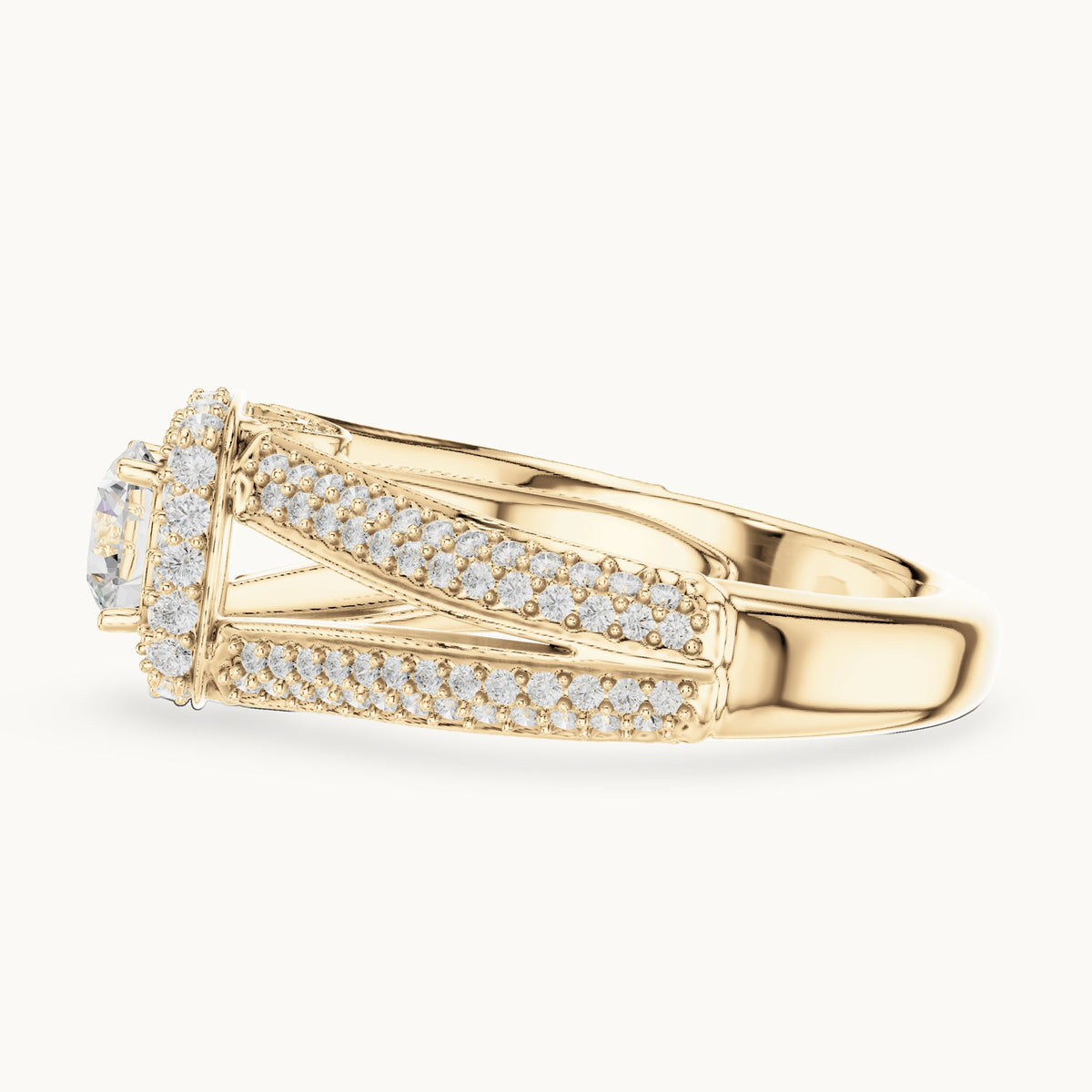 Round lab-grown diamond wide split shank halo engagement ring in yellow gold, 1.64 CT TW, view 3