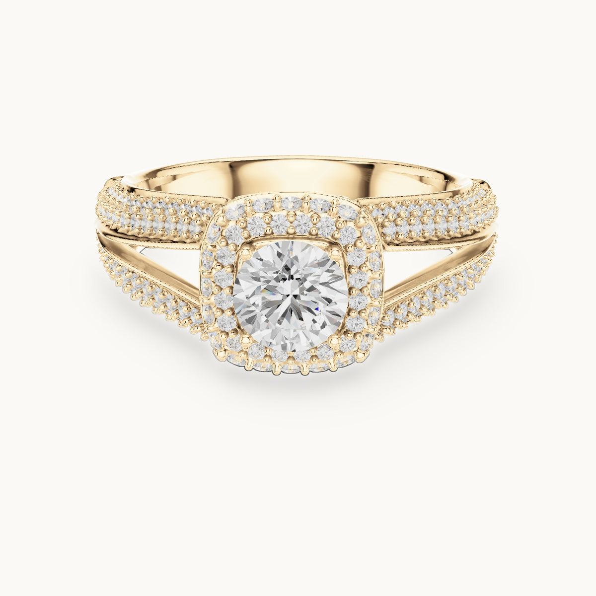 Round lab-grown diamond wide split shank halo engagement ring in yellow gold, 1.64 CT TW, view 4