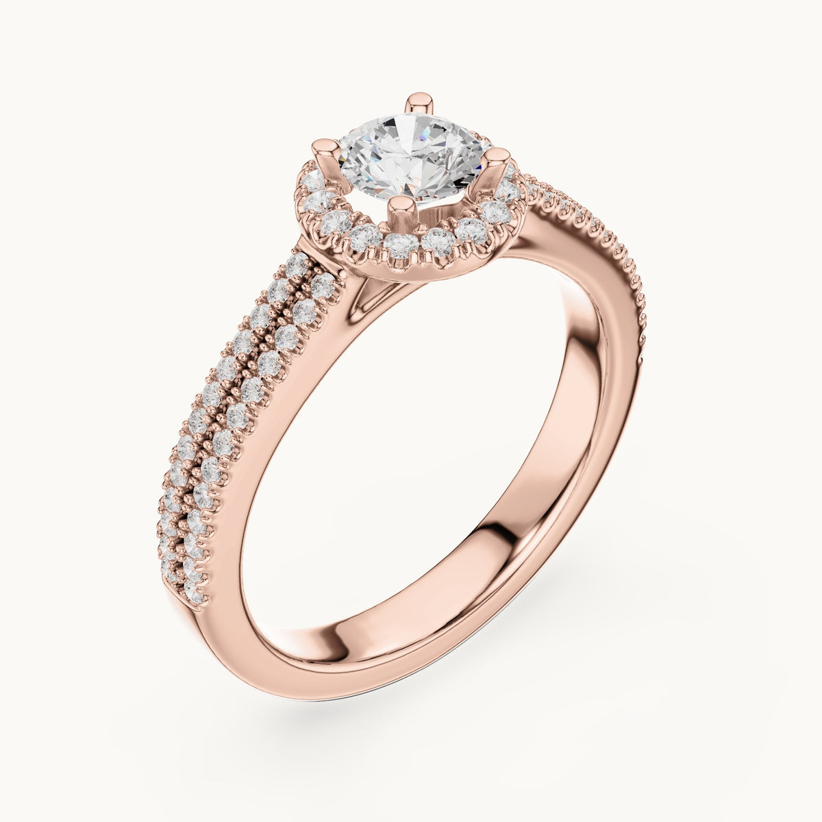 Round lab-grown diamond classic halo engagement ring with pavé band in rose gold, 0.888 CT TW, view 2