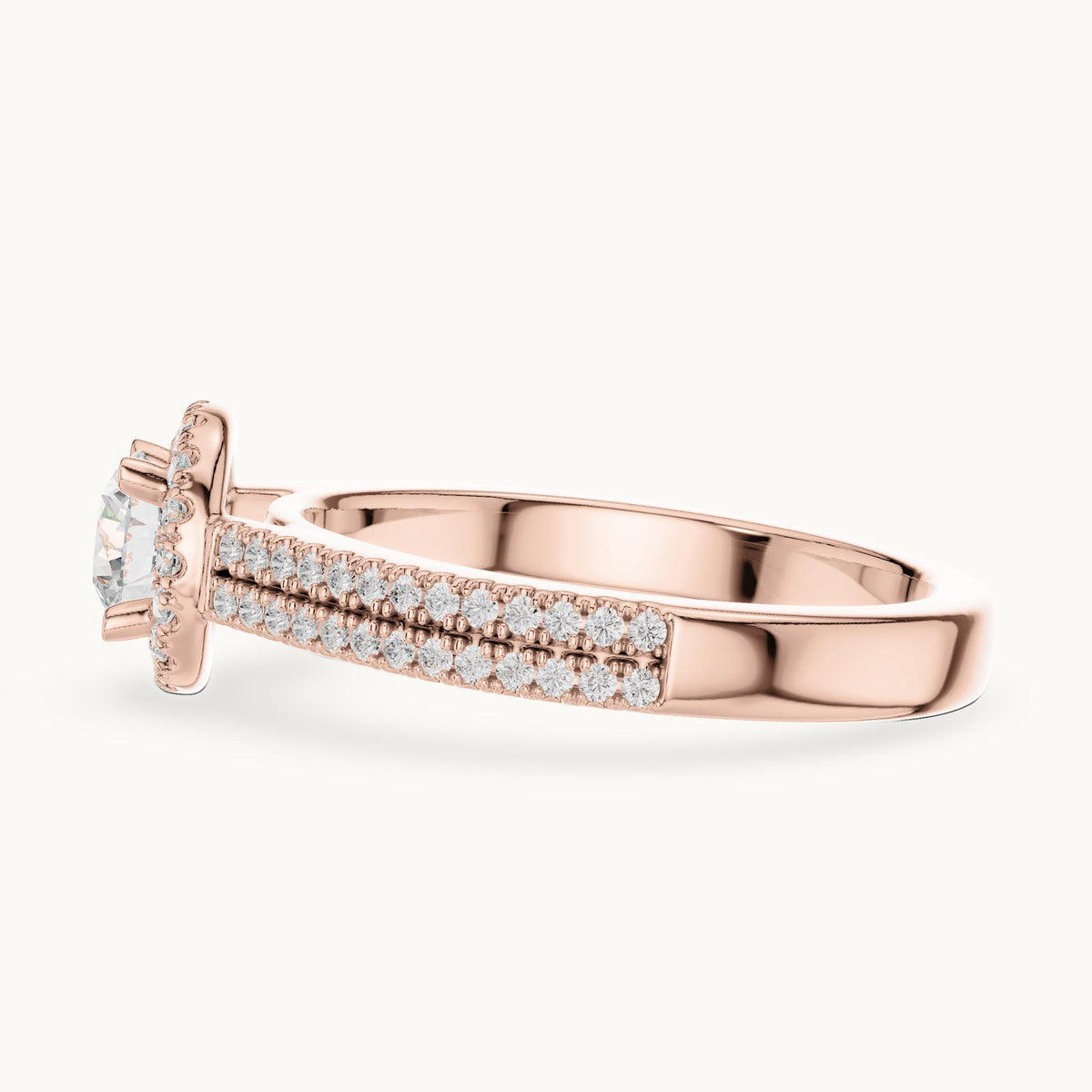 Round lab-grown diamond classic halo engagement ring with pavé band in rose gold, 0.888 CT TW, view 3
